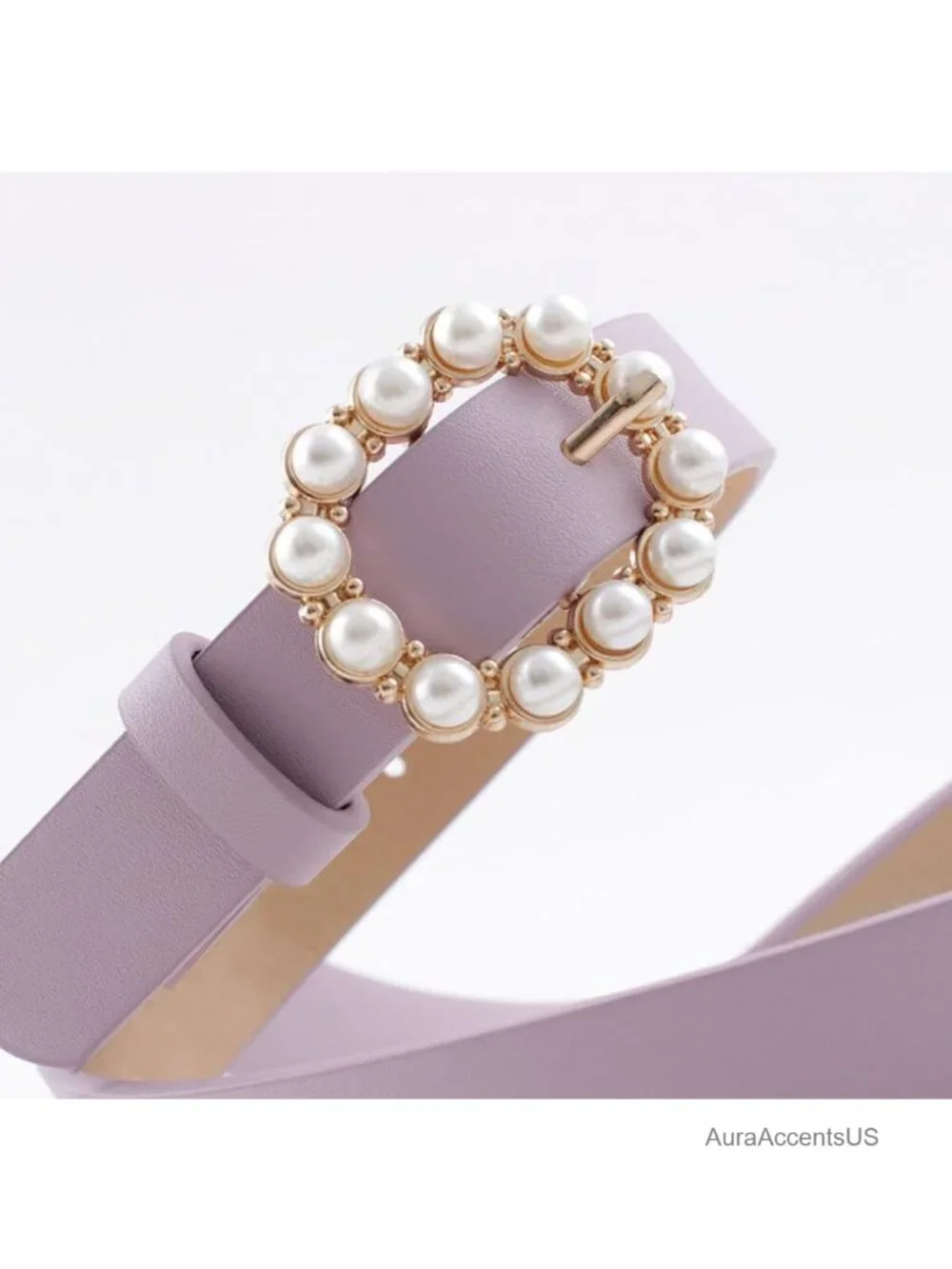 Pearl Buckle Skinny Belt Faux Leather Adjustable Women's